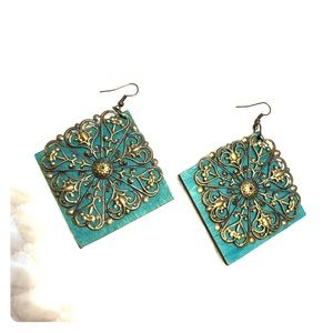Handmade wooden earrings! Teal and metal!